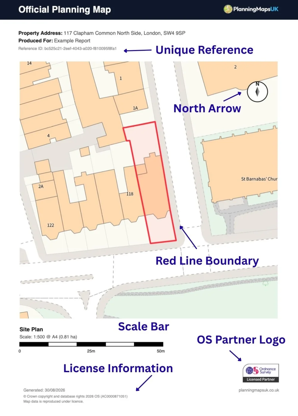 Compliant UK planning map example from PlanningMapsUK Annotated PlanningMapsUK planning map showing the red-line boundary, north arrow, scale bar, unique reference and OS licence details