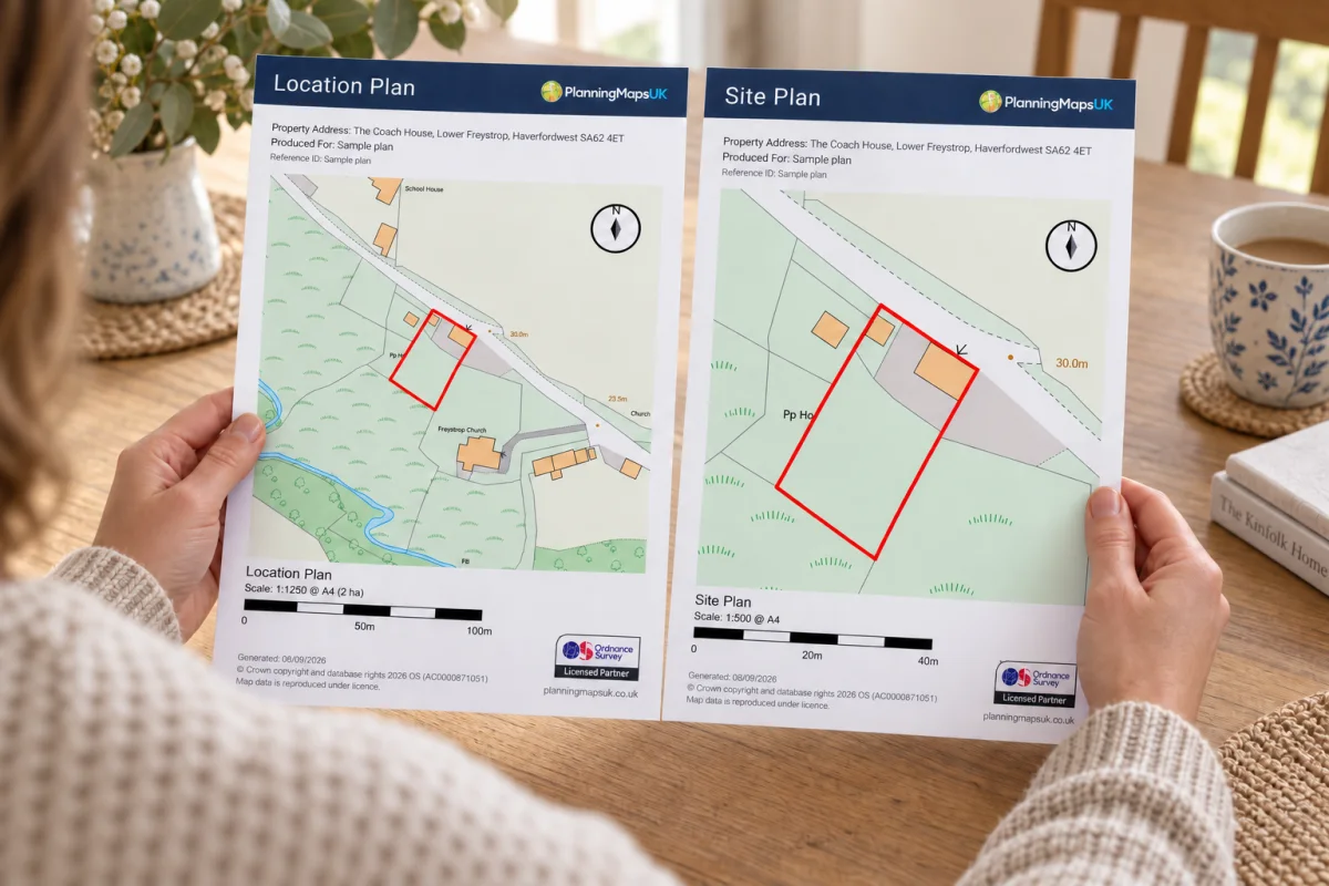 Printed site and location plans for a homeowner's planning application Homeowner holding printed location and site plans showing red boundaries, north arrows and scale bars