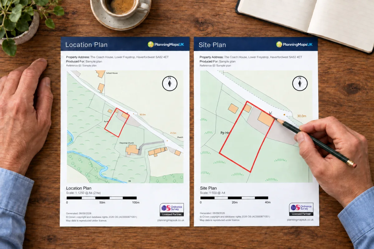 Site plan and location plan examples from PlanningMapsUK Reviewing a 1:500 site plan and 1:1250 location plan with red site boundaries at a desk